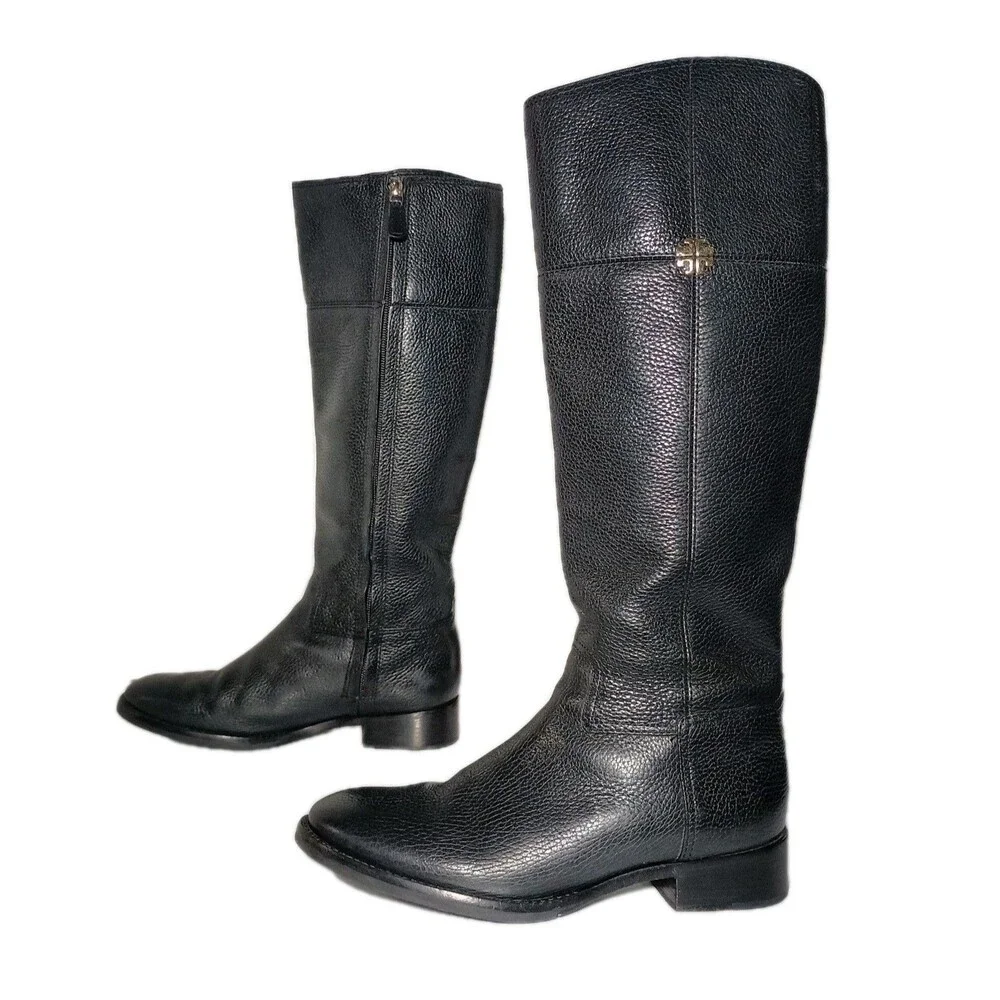 Tory Burch Jolie Riding Boots Shoes Womens Size 8M Black Grain Pebbled Leather